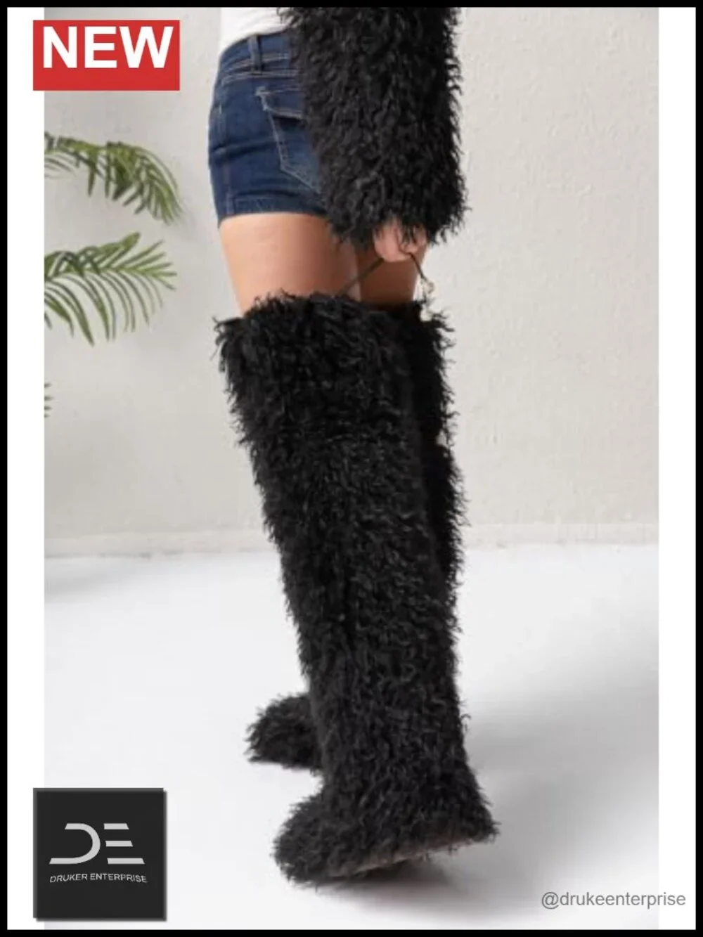 Women Over the Knee Fluffy Faux Fur Winter Boots Adjustable Leather Trim
